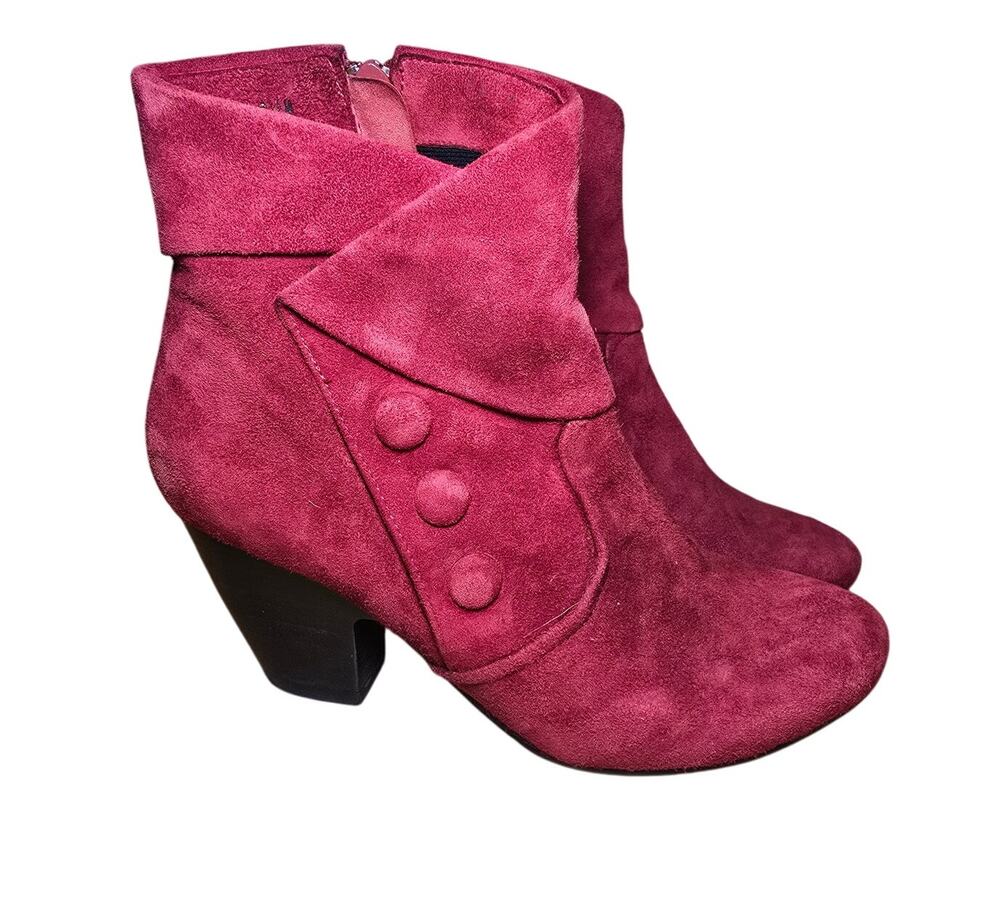 Red Suede Side Zip Vero Cuoio 3 Button Ankle Boots 3" Block Heel Size 6.5 M